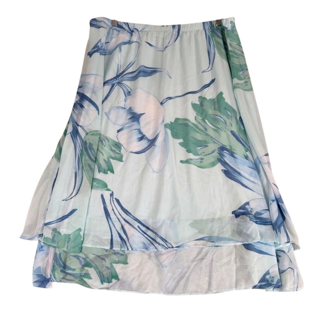 Serengeti Floral High Low Midi Skirt Blue Green Tropical Elastic Waist 1X
